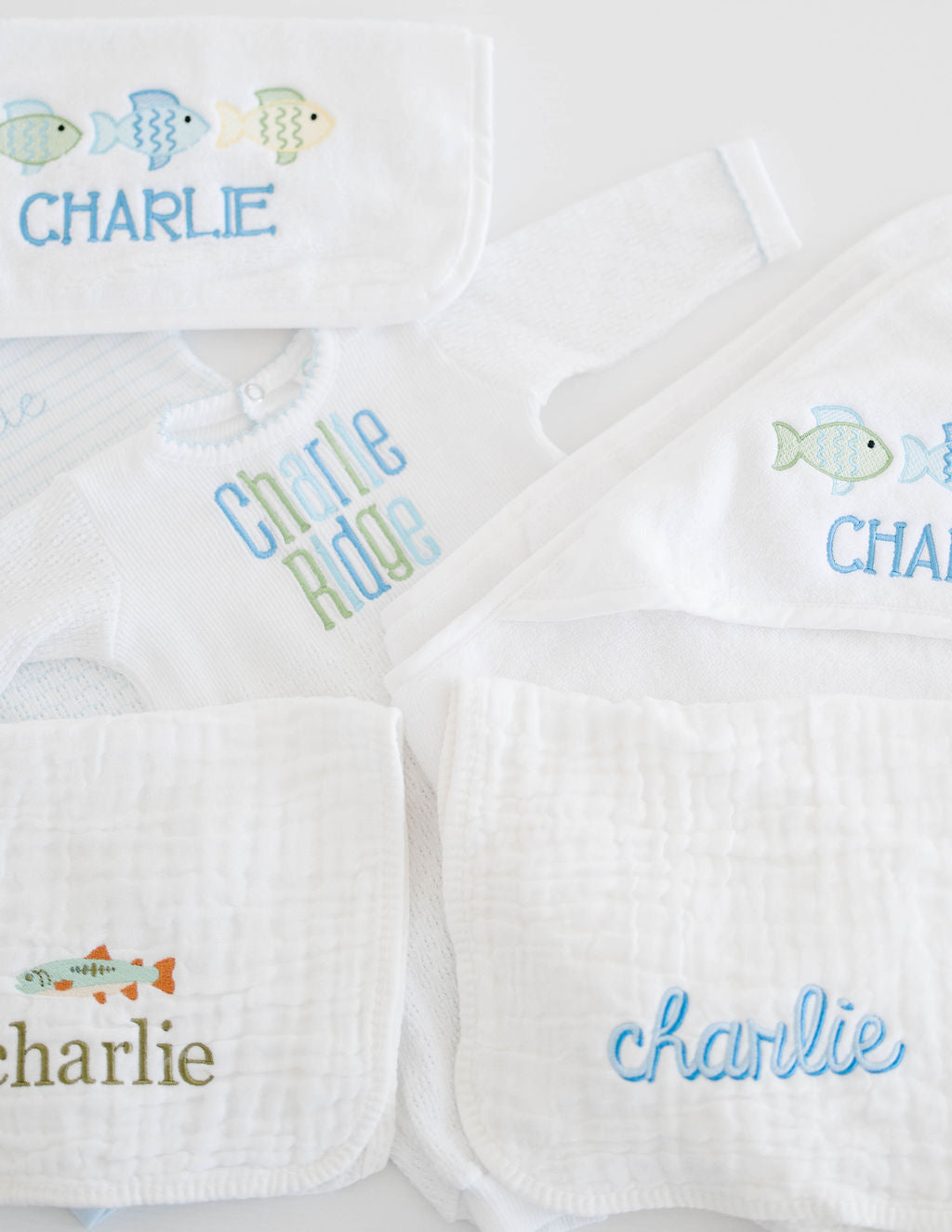 Baby Bundle Large: outfits, burp cloths, and a hooded towel and washcloth with fish and Charlie