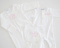 Baby Bundle Small: pink monogrammed gown, a footie stitched Hadley and a Hadley Mae bib