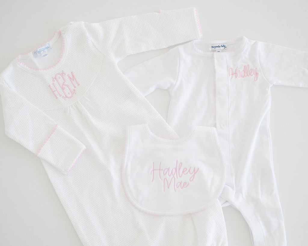 Baby Bundle Small: pink monogrammed gown, a footie stitched Hadley and a Hadley Mae bib