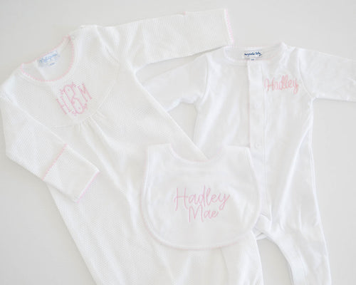 Baby Bundle Small: pink monogrammed gown, a footie stitched Hadley and a Hadley Mae bib