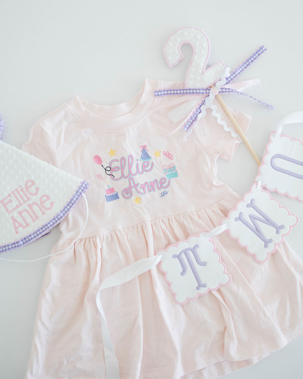 Second birthday bundle: TWO banner, number two cake topper and party hat stitched Ellie Anne with a pink birthday dress