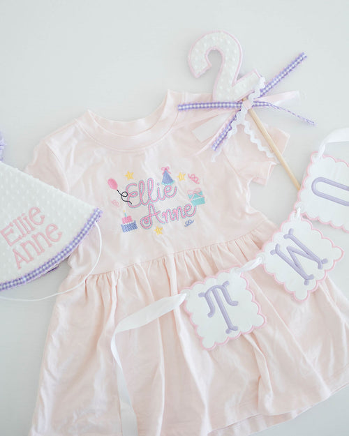 Second birthday bundle: TWO banner, number two cake topper and party hat stitched Ellie Anne with a pink birthday dress