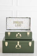 Keepsake Trunk Set in green: a Large and a Small trunk stacked, Dinosaur Land stitched inside the lid