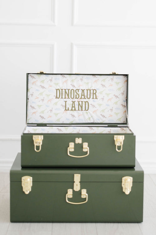 Keepsake Trunk Set in green: a Large and a Small trunk stacked, Dinosaur Land stitched inside the lid